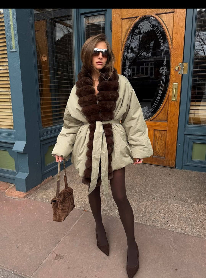 Sage Green Faux Fur Trim Puffer