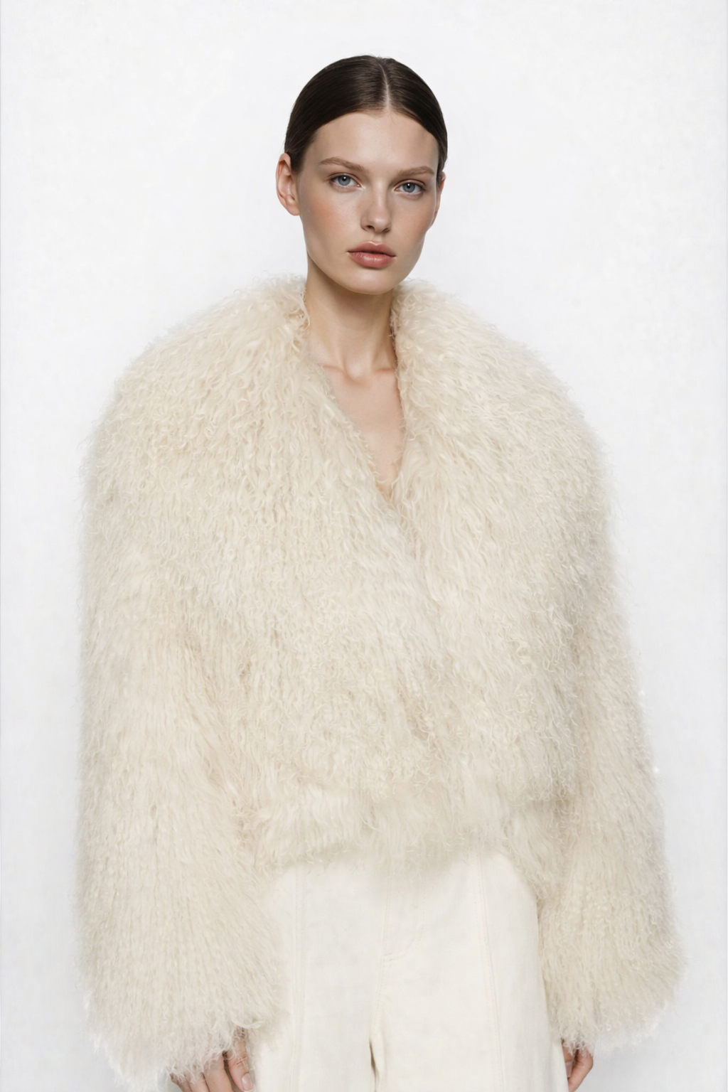 megève monogolian fur coat in ecru