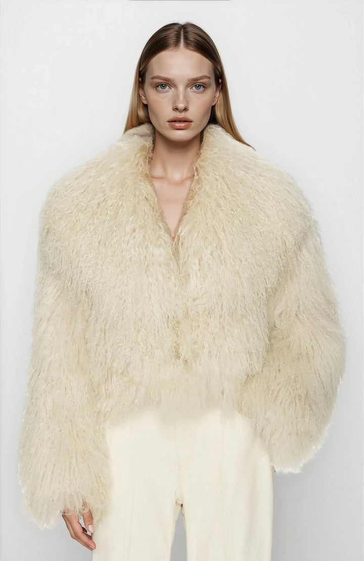 megève monogolian fur coat in ecru