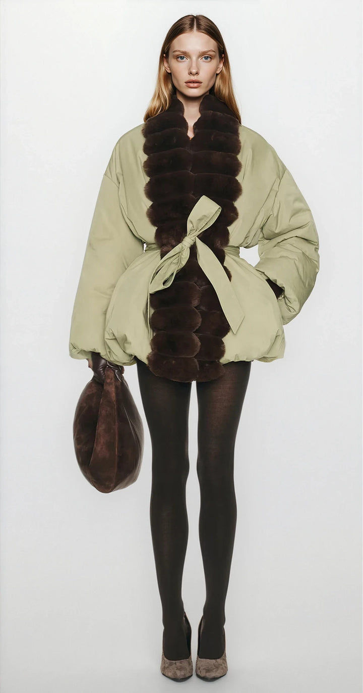 Sage Green Faux Fur Trim Puffer