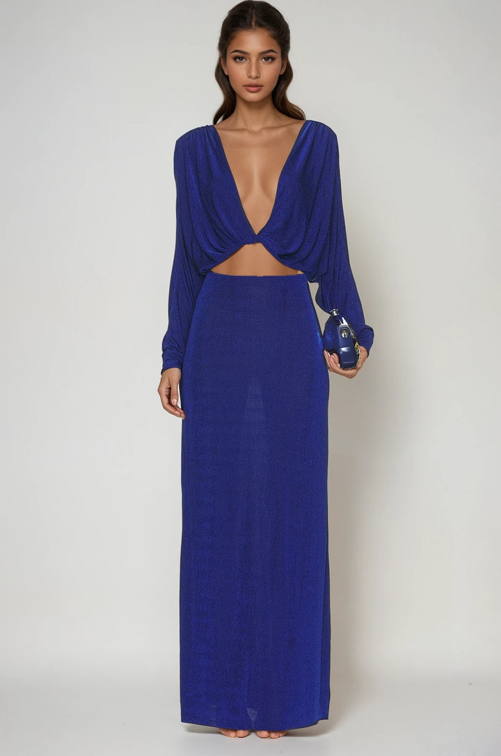 kali midnight sapphire draped plunge dress