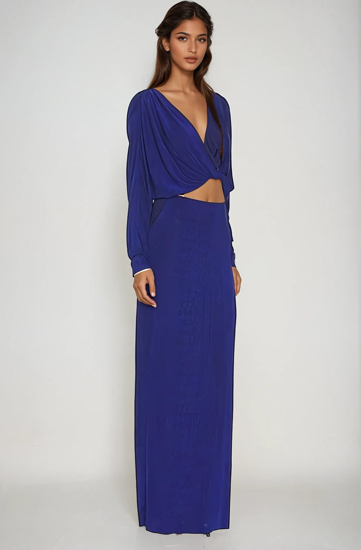 kali midnight sapphire draped plunge dress
