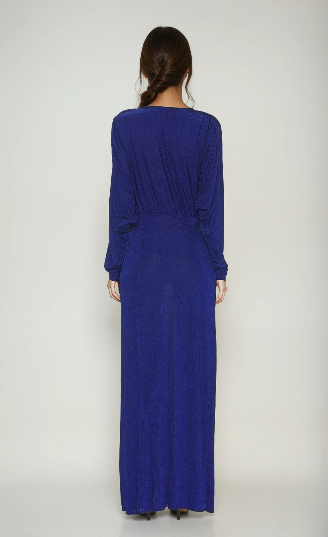 kali midnight sapphire draped plunge dress