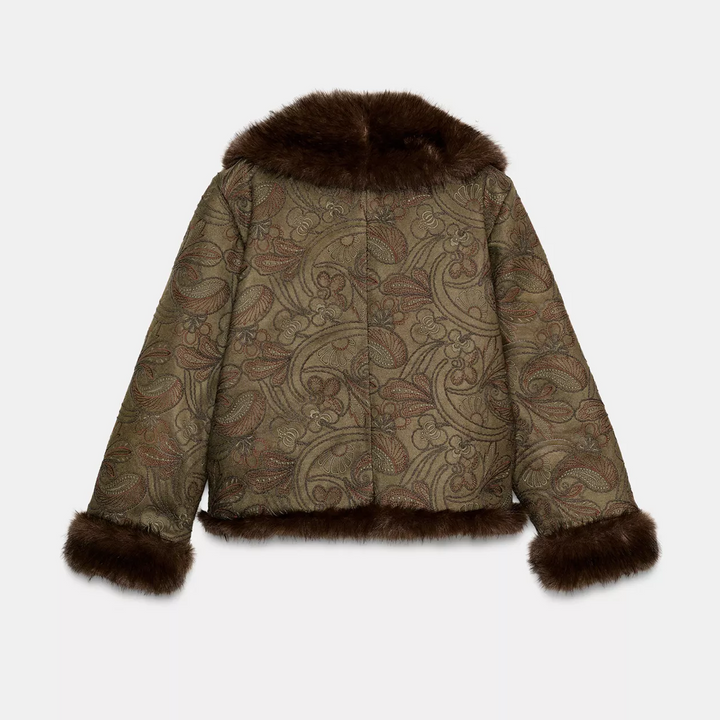 Embroidered Double-Faced Jacket with Faux Fur Trim